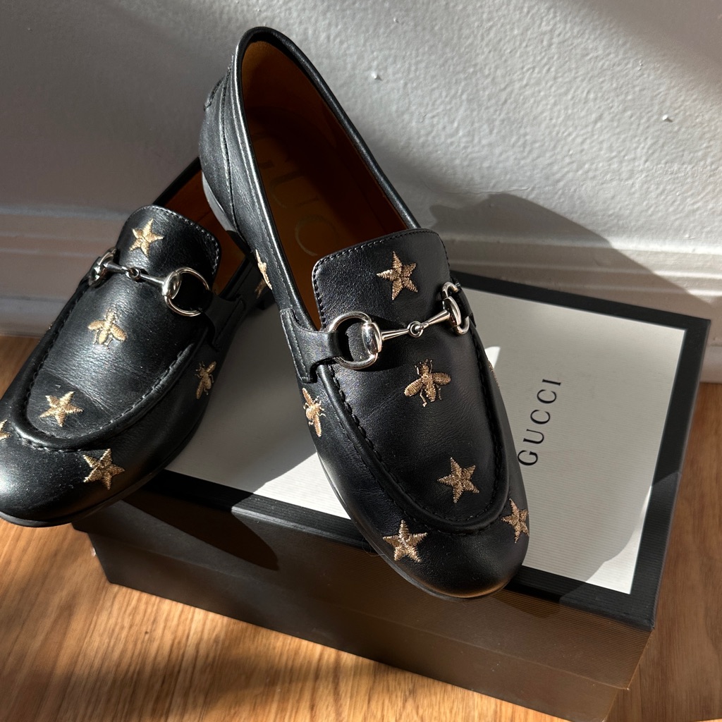 Gucci Black Loafers With Gold Star And Bee Details